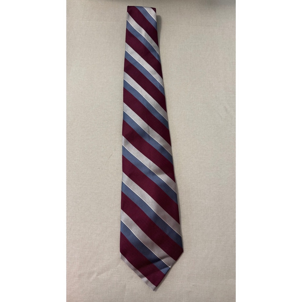 Calvin Klein Men Burgundy Blue Silver Stripe 100% Silk Necktie Men's